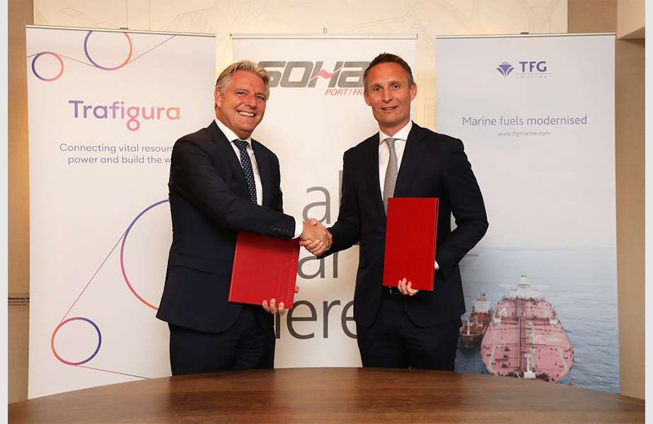 Emile Hoogsteden, CEO of Sohar Port, and Kenneth Dam, Global Head of Bunkering for TFG Marine, signing the MoU agreement during International Energy Week in London