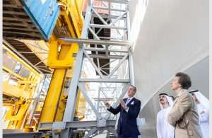 HRH The Princess Royal with Sultan Ahmed bin Sulayem, Group Chairman and CEO of DP World and Patrick Bol, DP World’s Global Vice President for Port Expansions & Special Projects, during a demonstration of BoxBay, DP World’s innovative solar powered, automated High Bay container storage system which is being piloted at Jebel Ali