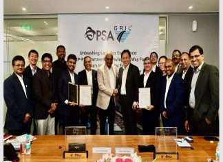 Executives from PSA and GRIL signing the joint agreement to operate the rail connected logistics park in Indore