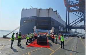 The first Honda cars being loaded onto a car carrier at APM Terminals Pipavav facility