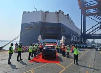 The first Honda cars being loaded onto a car carrier at APM Terminals Pipavav facility