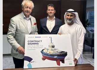 Kommer Damen, Chairman of Damen Shipyards Group; Pascal Slingerland, Damen Shipyards Regional Sales Director, Middle East; and Capt. Adil Banihammad, CEO Marine Services & General Manager SAFEEN Marine Services, signing the deal to bring the first electric tug to the Middle East