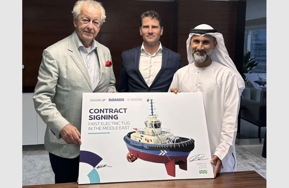 Story-1 Kommer Damen, Chairman of Damen Shipyards Group; Pascal Slingerland, Damen Shipyards Regional Sales Director, Middle East; and Capt. Adil Banihammad, CEO Marine Services & General Manager SAFEEN Marine Services, signing the deal to bring the first electric tug to the Middle East