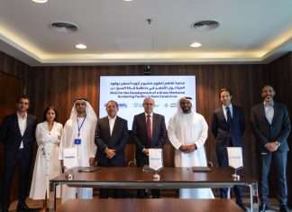 Executives from AD Ports, Transmar and Orasacom signing the MOU to establish a green methanol bunkering facility in the Suez Canal area