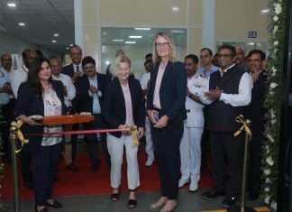 Norway’s Ambassador to India, May-Elin Stener (left) joins Annette Holte, President, Kongsberg Maritime India, and guests at the official opening of the company’s new facility in Kochi