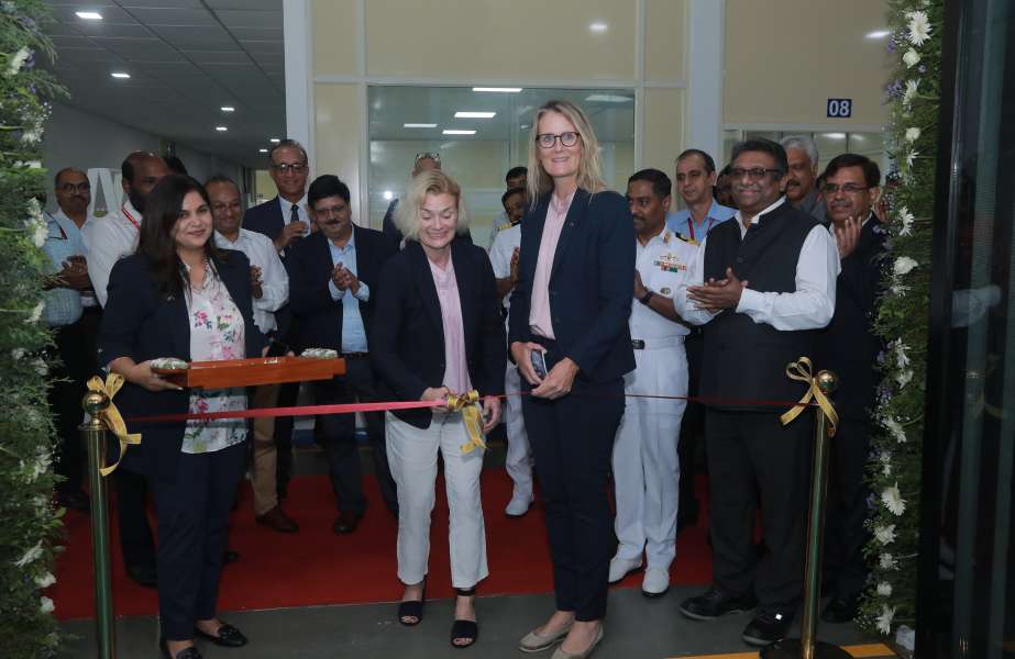 Norway’s Ambassador to India, May-Elin Stener (left) joins Annette Holte, President, Kongsberg Maritime India, and guests at the official opening of the company’s new facility in Kochi