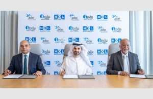 MOL Group Senior Managing Executive Officer, Ajay Singh; DP World COO of Parks and Zones, Abdulla Al Hashmi; and INDU Kishore Logistics, Chairman, Kishore Lakhani, at the joint venture signing ceremony