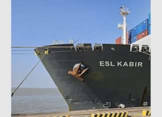 The containership ESL Kabir making the inaugural call of the new EVGI service at Mundra