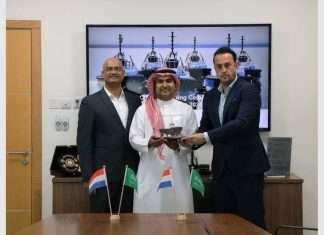 Gunalan Letchumanan, General Manager Port Services, Zamil Offshore; Karim Barakat, CEO of Western Coast Port Services; and Emre Turkoz, Regional Sales Director Middle East Damen at the contract signing ceremony in the UAE