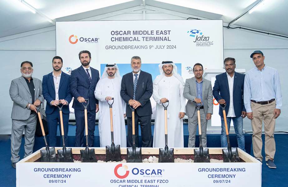 Executives from JAFZA, DP World and Oscar Middle East at the groundbreaking ceremony for the new liquid bulk terminal at Jebel Ali Free Zone (Jafza), which envisages a total project investment of AED 150 million