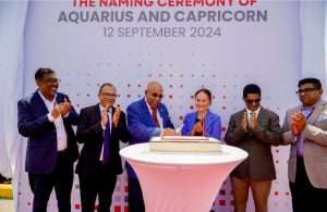 Stakeholders celebrate the arrival of two new tugs at Colombo port, which will operated by Sri Lanka Shipping