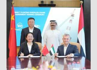 The signing ceremony for the new floating crane took place in Dubai, and was attended by His Excellency Sultan Ahmed bin Sulayem, Group Chairman and CEO of DP World; Captain Rado Antolovic, PhD, CEO of Drydocks World; You Ruikai, the Chairman of ZPMC; as well as senior management from both companies