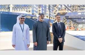 His Highness Sheikh Khaled bin Mohamed bin Zayed Al Nahyan was briefed on CMA Terminals Khalifa Port by Captain Mohamed Juma Al Shamisi, Managing Director and Group CEO of AD Ports Group, in the presence of Rodolphe Saadé, Chairman and Chief Executive Officer of the CMA CGM Group