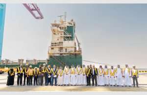 Dignitaries gather to mark the delivery of the chartered containerships