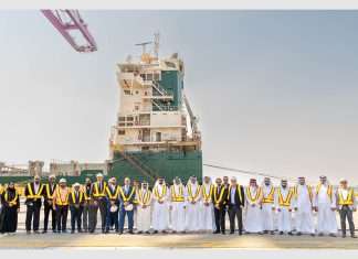 Dignitaries gather to mark the delivery of the chartered containerships