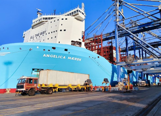 The Angelica Maersk making the first call by the Gemini alliance at DP World Mundra in India