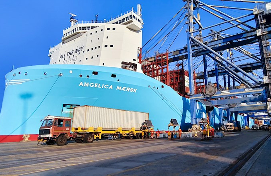 The Angelica Maersk making the first call by the Gemini alliance at DP World Mundra in India