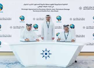Saif Al Mazrouei, Chief Executive Officer, Ports Cluster, AD Ports Group, and Dr. Khalid Omar Mohamed Hamad Almidfa, Chairman, Oylz Terminals, signing the agreement to develop a new tank storage facility at Khalifa port