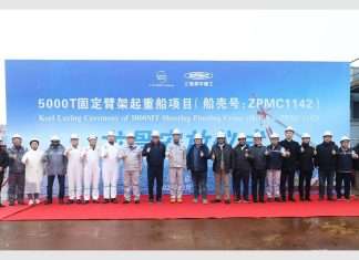 Executives from Drydocks World and ZPMC gather to mark the keel laying ceremony for the yard’s new sheerleg heavy lift crane