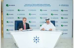 Saif Al Mazrouei, Chief Executive Officer - Ports Cluster, AD Ports Group and Fakher Darwish, General Manager of TW Steel, signing the new agreement