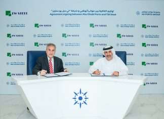 Saif Al Mazrouei, Chief Executive Officer - Ports Cluster, AD Ports Group and Fakher Darwish, General Manager of TW Steel, signing the new agreement