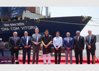 Dignitaries welcome CMA CGM Vitoria at JNPT to mark it becoming the French carriers first Indian flagged vessel