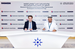 Arnout Damen, CEO of Damen Shipyards Group, and Captain Ammar Mubarak Al Shaiba, CEO of AD Ports Group’s Maritime & Shipping Cluster, signing the agreement to source a second all-electric tug
