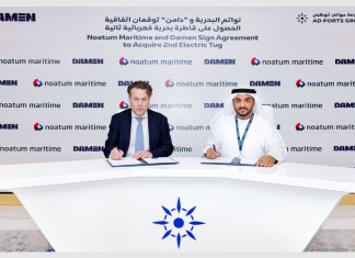 Arnout Damen, CEO of Damen Shipyards Group, and Captain Ammar Mubarak Al Shaiba, CEO of AD Ports Group’s Maritime & Shipping Cluster, signing the agreement to source a second all-electric tug