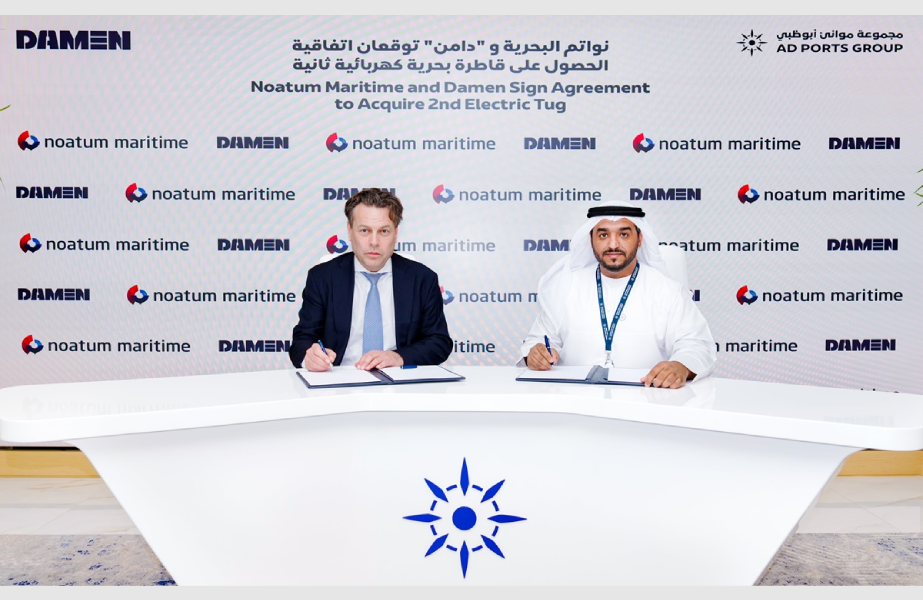 Arnout Damen, CEO of Damen Shipyards Group, and Captain Ammar Mubarak Al Shaiba, CEO of AD Ports Group’s Maritime & Shipping Cluster, signing the agreement to source a second all-electric tug