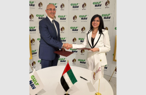 CEO of Gulfnav Ahmad Kilani and Inas Bezaznia, CEO of Brooge Energy Limited, signing the acquisition agreemeent