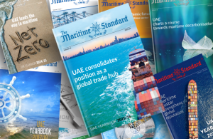 Trevor Pereira presenting the Maritime Standard UAE Yearbook 2025/26 to Captain Ammar Al Shaiba at Nor-Shipping, Oslo