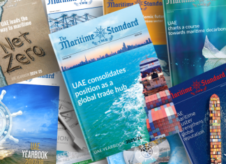 Trevor Pereira presenting the Maritime Standard UAE Yearbook 2025/26 to Captain Ammar Al Shaiba at Nor-Shipping, Oslo