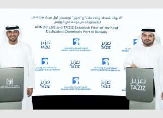 Captain Abdulkareem Al Masabi, CEO of ADNOC L&S and Mashal Al-Kindi, CEO of TA’ZIZ at the signing ceremony for the new chemicals port in Ruwais