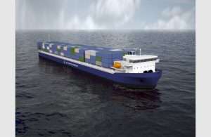 A computer generated image of one of the new shallow draft container vessel that AD Ports Group has ordered with Baku Shipyard