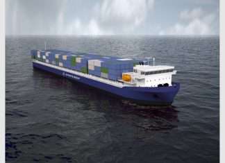 A computer generated image of one of the new shallow draft container vessel that AD Ports Group has ordered with Baku Shipyard