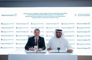 Captain Ammar Mubarak Al Shaiba, CEO, Maritime & Shipping Cluster, AD Ports Group, and Johann Pleininger, CEO of Bapco Upstream, signing the new agreement