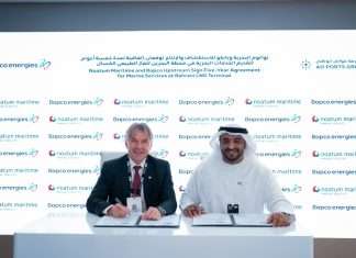 Captain Ammar Mubarak Al Shaiba, CEO, Maritime & Shipping Cluster, AD Ports Group, and Johann Pleininger, CEO of Bapco Upstream, signing the new agreement