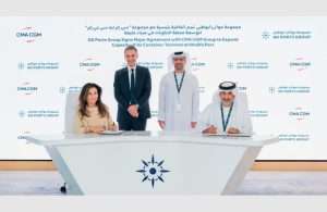Christine Cabau, Executive Vice President Operations and Assets, CMA CGM, and Saif Al Mazrouei, CEO of Ports Cluster, AD Ports Group signing the CMA Terminals Khalifa Port expansion agreement