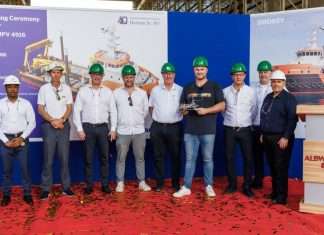 Management from Albwardy Damen and Herman Senior at the keel laying ceremony for the new MPV