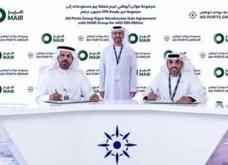 The signing ceremony for AD Ports’ agreement to sell warehousing assets to Mair Group