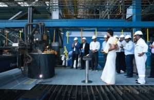 The steel cutting ceremony for the two new tugs taking place at Cochin Shipyard