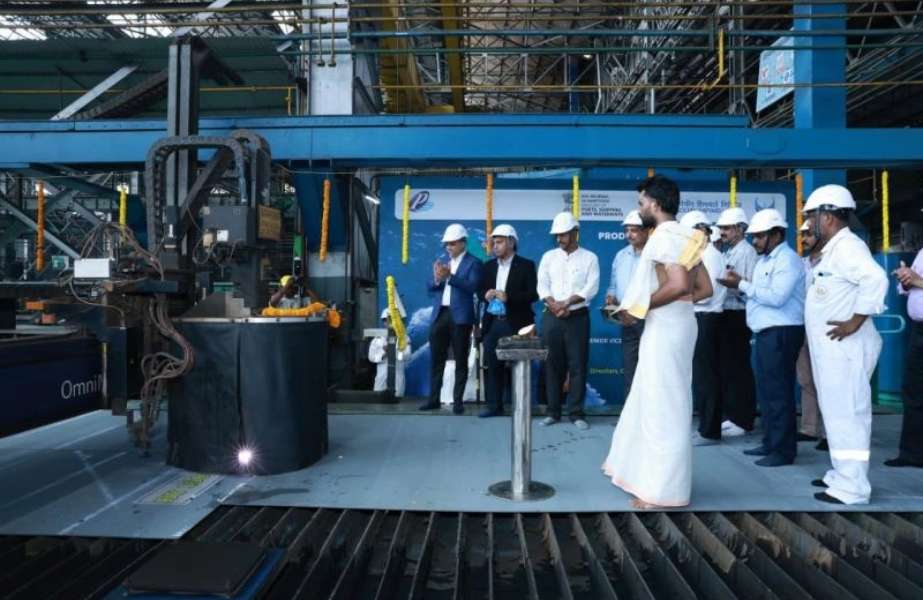 The steel cutting ceremony for the two new tugs taking place at Cochin Shipyard