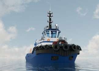 Computer-generated image of the new green tug design that will be built at Cochin Shipyard with ABB technology