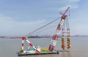 The new heavy lift crane undergoing load testing in China