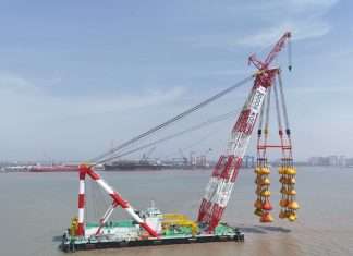 The new heavy lift crane undergoing load testing in China