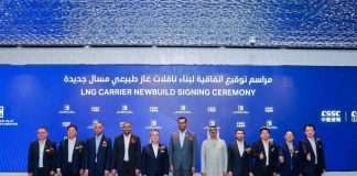 The latest contract for four new LNG carriers was signed in Shanghai during a ceremony witnessed by Dr. Sultan Ahmed Al Jaber, Minister of Industry and Advanced Technology and ADNOC Managing Director and Group CEO; Hussain Al Hammadi, UAE Ambassador to China; Hassan Al Nowais, Undersecretary of Ministry of Industry and Advanced Technology; Wang Guoqiang, General Manager of CSSC; and Kou Guangwu, President of Wanhua Chemical. The signatories were Captain Abdulkareem Al Masabi, CEO of ADNOC L&S and Xiao Wenlin, Chief Executive Officer of Jiangnan Shipyard