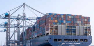 The 18,100 TEU capacity CMA CGM Vasco de Gama alongside at Asyad Container Terminal - Duqm