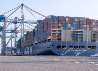 The 18,100 TEU capacity CMA CGM Vasco de Gama alongside at Asyad Container Terminal - Duqm