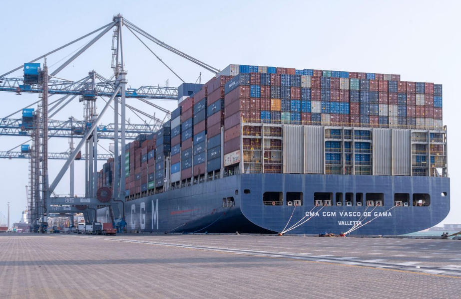 The 18,100 TEU capacity CMA CGM Vasco de Gama alongside at Asyad Container Terminal - Duqm
