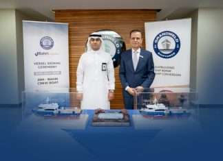 The signing ceremony for the two new offshore support vessels which will be built for Bahri Logistics at Grandweld Shipyard in Dubai
